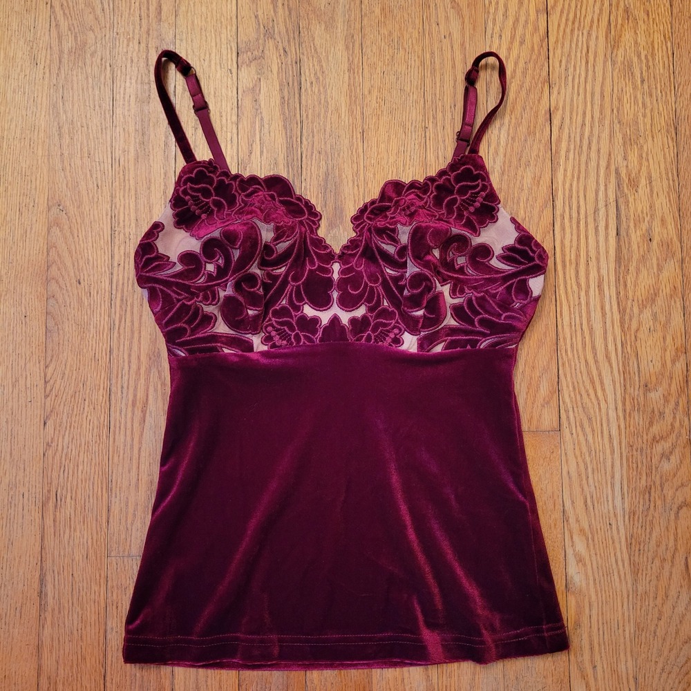 Boston Proper XXS Cami Red Velvet Scalloped Lace Embroidered Floral Top Coquette